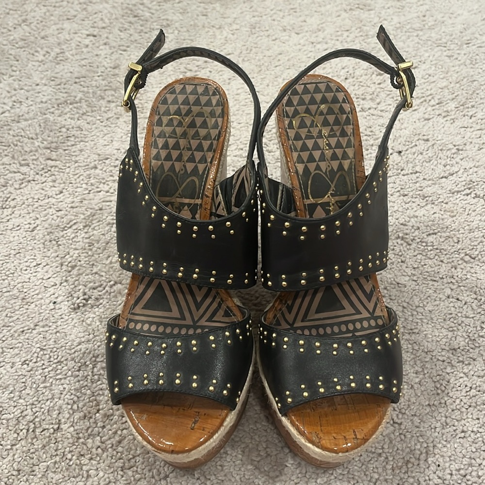 Jessica Simpson Black, Gold & Tan Cork Wedges - Size 8